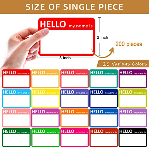 200 Pcs Name Tag Stickers (Hello My Name is) Name Stickers Self-Adhesive Name Badge Name Labels Colorful Name Tags for Clothes, School, Office, Party, Teachers, Kids, Adults