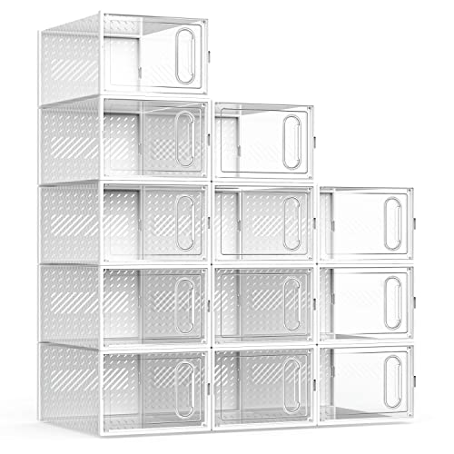 GONAT Large Shoe Organizers, 12 Pack Boxes Clear Plastic Stackable, Dust-Proof For Closet, Good Replacement For Shoe Rack, Under Bed, White.