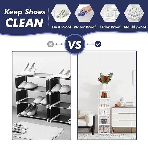 GONAT Large Shoe Organizers, 12 Pack Boxes Clear Plastic Stackable, Dust-Proof For Closet, Good Replacement For Shoe Rack, Under Bed, White.