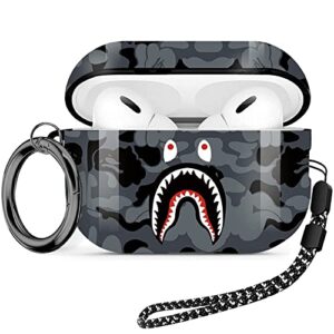 fashion pattern airpods pro 2nd generation case 2022,for men women shark tooth camo softshell full body shockproof protective cover for new airpod pro 2 with keychain/hand strap (black shark)