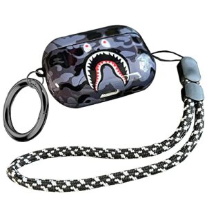 Fashion Pattern AirPods Pro 2nd Generation Case 2022,for Men Women Shark Tooth Camo Softshell Full Body Shockproof Protective Cover for New AirPod Pro 2 with Keychain/Hand Strap (Black Shark)