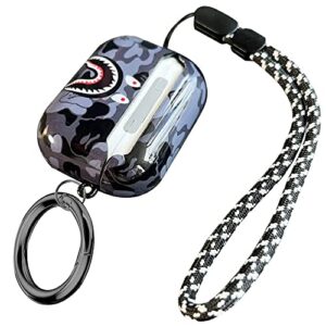 Fashion Pattern AirPods Pro 2nd Generation Case 2022,for Men Women Shark Tooth Camo Softshell Full Body Shockproof Protective Cover for New AirPod Pro 2 with Keychain/Hand Strap (Black Shark)