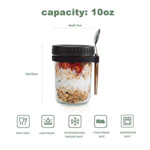 ZCXQM Overnight Oatmeal Containers and Spoon, 10 oz Set of 2, Glass Mason Jars with Airtight Lids for Cereal Yogurt and Parfait (Black)