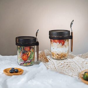 ZCXQM Overnight Oatmeal Containers and Spoon, 10 oz Set of 2, Glass Mason Jars with Airtight Lids for Cereal Yogurt and Parfait (Black)