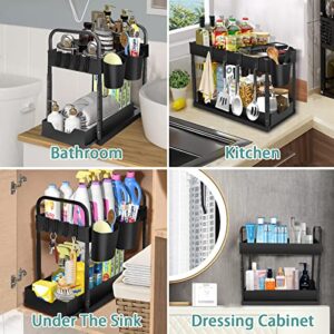 CJNBSHAD Under Sink Organizers and Storage, Adjustable Height Sliding Bathroom Sink Organizer, Multi-Use 2 Tier Under Kitchen Sink Organizer, Cabinet Organizer Storage With 4 Hooks, 2 Hanging Cup