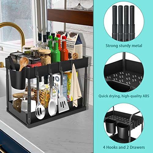 CJNBSHAD Under Sink Organizers and Storage, Adjustable Height Sliding Bathroom Sink Organizer, Multi-Use 2 Tier Under Kitchen Sink Organizer, Cabinet Organizer Storage With 4 Hooks, 2 Hanging Cup