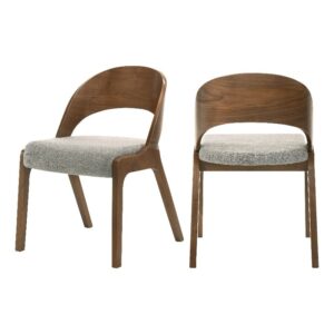meridian furniture woodson collection mid-century modern dining chair, linen textured polyester fabric, walnut veneer, wood legs, set of 2, 19.88" w x 23.03" d x 30.20" h, grey