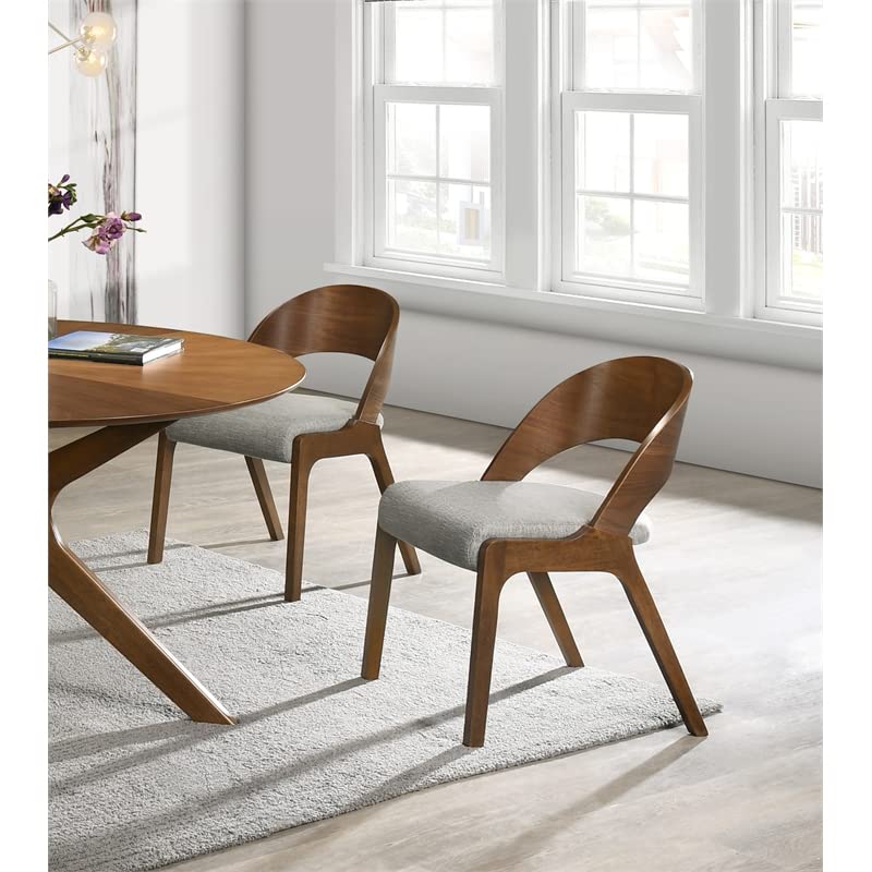 Meridian Furniture Woodson Collection Mid-Century Modern Dining Chair, Linen Textured Polyester Fabric, Walnut Veneer, Wood Legs, Set of 2, 19.88" W x 23.03" D x 30.20" H, Grey