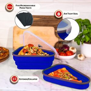 PIZZA PACK The Perfect Reusable Pizza Storage Container with 5 Microwavable Serving Trays - BPA-Free Adjustable Pizza Slice Container to Organize & Save Space, Blue 2pk