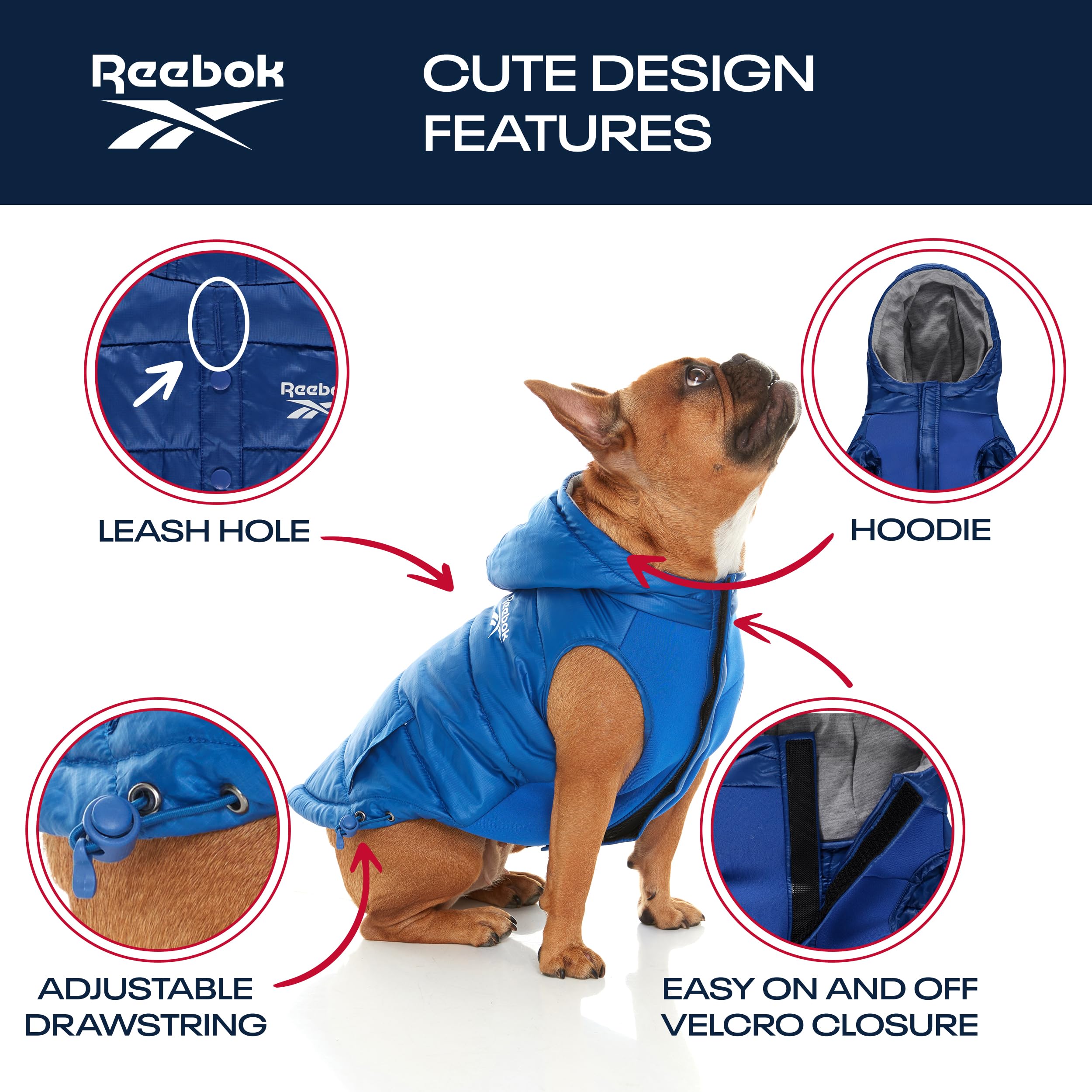 Reebok Dog Puffer Jacket - Waterproof Dog Vest with Hoodie, Dog Winter Clothes for Small, Medium, and Large Dogs, Premium Windproof Dog Snow Jacket Perfect for Cold Weather, Comes with Leash Hole