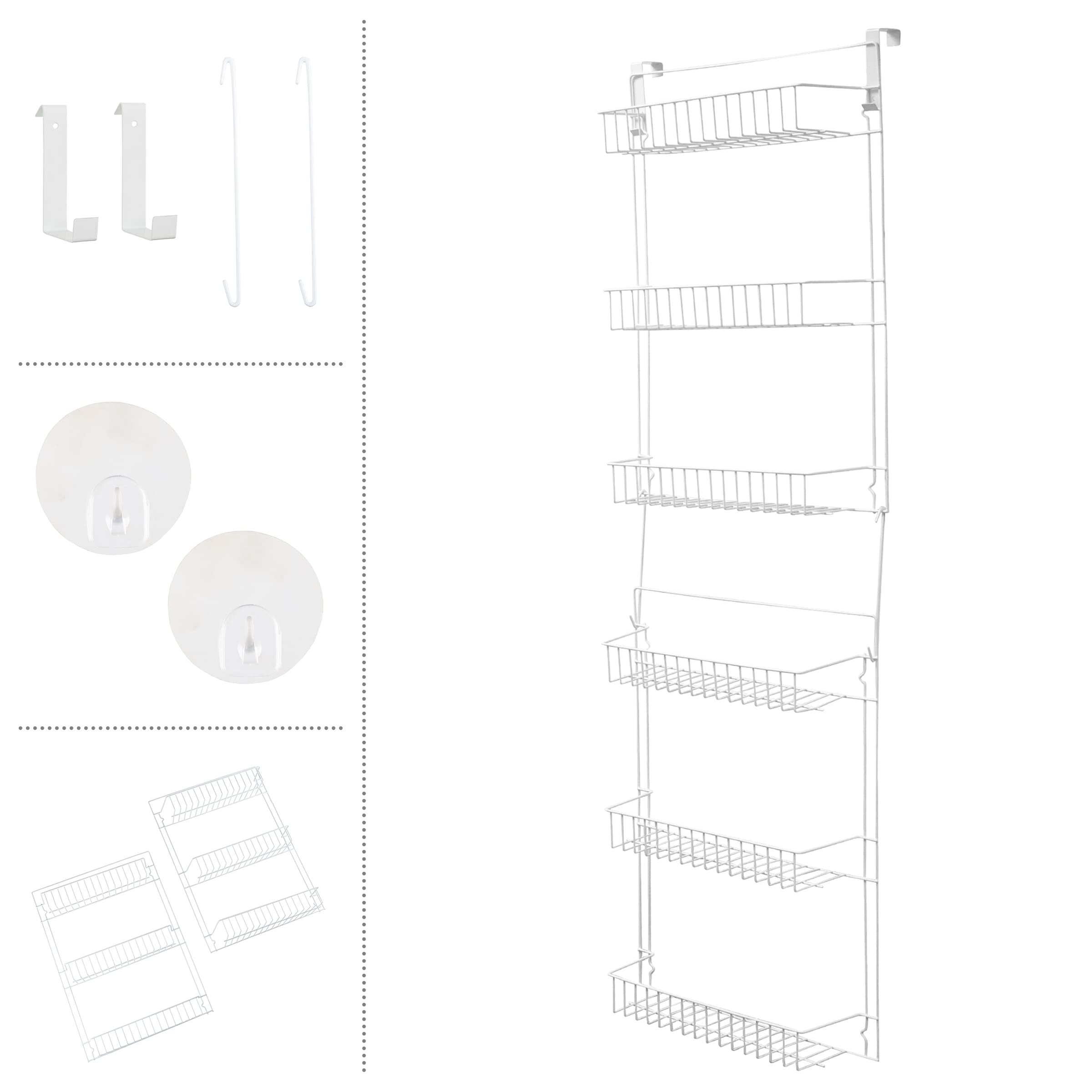 Lavish Home Powder Coated Steel Closet Organizer, 6-Tier Shelves, Over the Door Pantry Organizer, with Adhesive Hooks, White