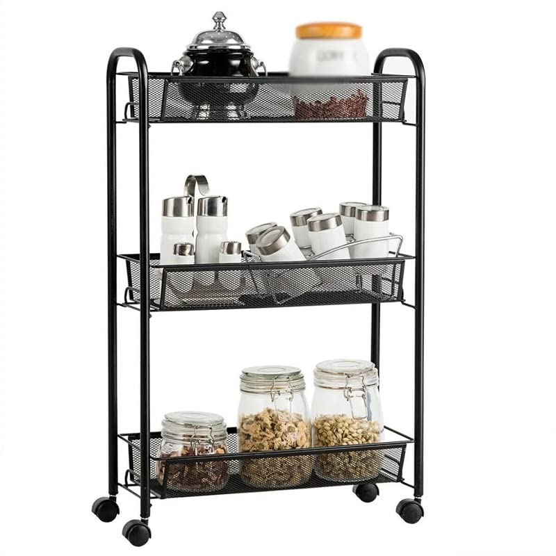 YXBDN Trolley Rack Movable 3-Tier Floor-Standing Vegetable Basket Rack with Wheels