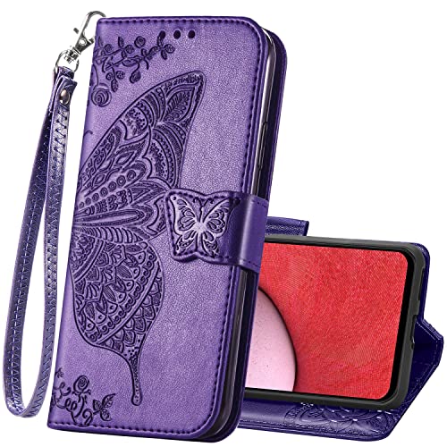 Wallet Case for Samsung Galaxy A14 5G,PU Leather Wallet Flip Protective Phone Case Wrist Strap Card Slots Holder Pocket Emboss Butterfly Flower Stand Case for Samsung Galaxy A14 5G Purple