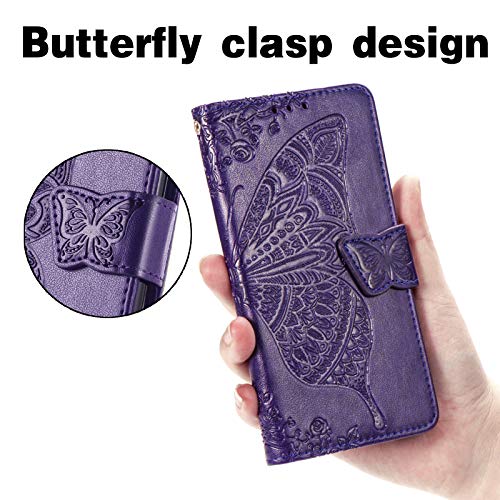 Wallet Case for Samsung Galaxy A14 5G,PU Leather Wallet Flip Protective Phone Case Wrist Strap Card Slots Holder Pocket Emboss Butterfly Flower Stand Case for Samsung Galaxy A14 5G Purple