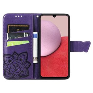 Wallet Case for Samsung Galaxy A14 5G,PU Leather Wallet Flip Protective Phone Case Wrist Strap Card Slots Holder Pocket Emboss Butterfly Flower Stand Case for Samsung Galaxy A14 5G Purple