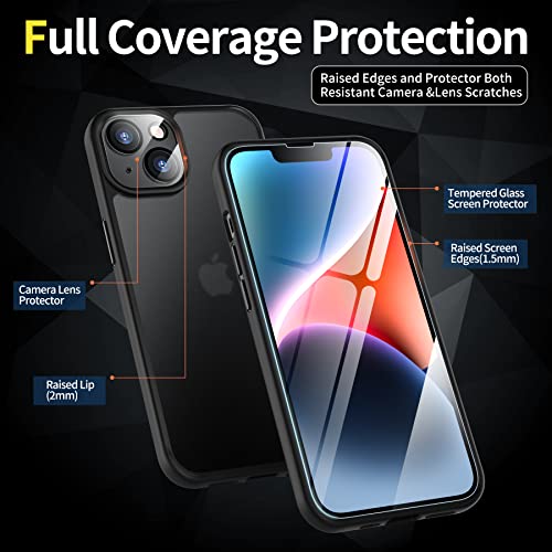 IKOOKEG [6 in 1 Design for iPhone 14 case with 2Pack [Screen Protector Tempered Glass + Camera Lens Protector ][Military Grade Protection] Matte Back Soft Bumper case for iPhone 14 6.1 inch Black