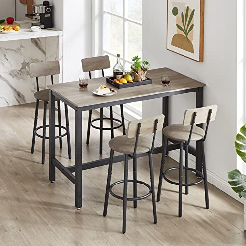 CKLMMC 5 Piece Industrial Bar Table Set,Pub Bistro Table and PU Upholstered Stools with Backrest, Counter Height Dining Table Set for Kitchen Small Space (Grey# Set of 5)