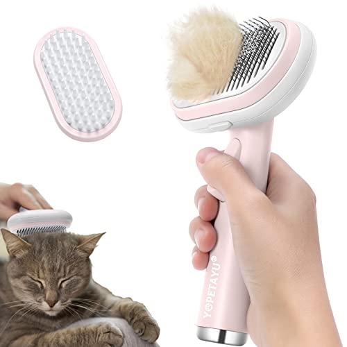 Cat Brushes for Indoor Cats, 2 in 1 Self Cleaning Slicker Brush for Shedding Long Short Haired Dogs, Cat Grooming Brush with Massage, Removes Mats, Tangles, Loose Fur Hair for Large Small Pets, Pink