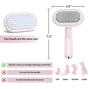 Cat Brushes for Indoor Cats, 2 in 1 Self Cleaning Slicker Brush for Shedding Long Short Haired Dogs, Cat Grooming Brush with Massage, Removes Mats, Tangles, Loose Fur Hair for Large Small Pets, Pink