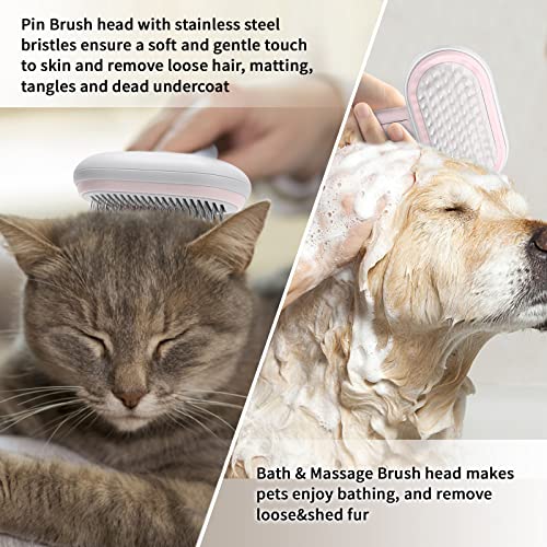 Cat Brushes for Indoor Cats, 2 in 1 Self Cleaning Slicker Brush for Shedding Long Short Haired Dogs, Cat Grooming Brush with Massage, Removes Mats, Tangles, Loose Fur Hair for Large Small Pets, Pink