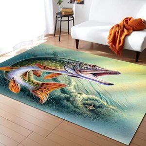 indoor area rugs, 3d bass fish roaring design pattern non-slip rubber backing rug, non-shedding floor carpet washable throw rug for living room bedroom dining home, 2' x 3'