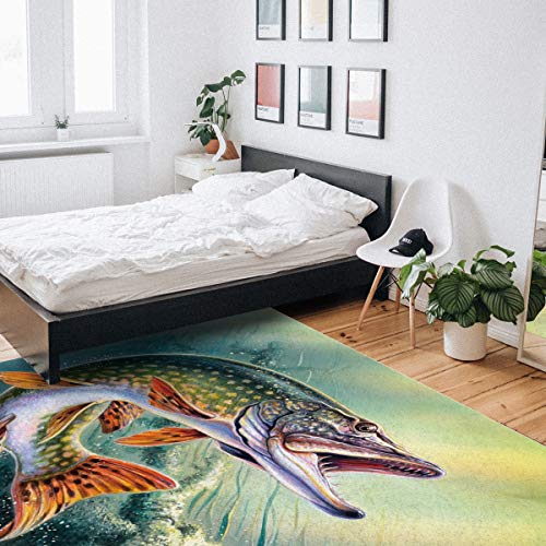 Indoor Area Rugs, 3D Bass Fish Roaring Design Pattern Non-Slip Rubber Backing Rug, Non-Shedding Floor Carpet Washable Throw Rug for Living Room Bedroom Dining Home, 2' x 3'