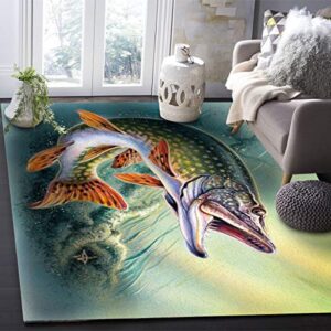 Indoor Area Rugs, 3D Bass Fish Roaring Design Pattern Non-Slip Rubber Backing Rug, Non-Shedding Floor Carpet Washable Throw Rug for Living Room Bedroom Dining Home, 2' x 3'