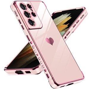 leyi for s21 ultra case: with full camera protection, love heart plating girly women cute luxury soft tpu case for samsung s21 ultra, pink