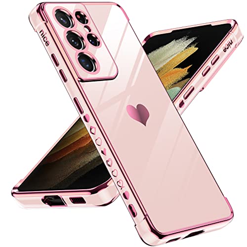 LeYi for S21 Ultra Case: with Full Camera Protection, Love Heart Plating Girly Women Cute Luxury Soft TPU Case for Samsung S21 Ultra, Pink