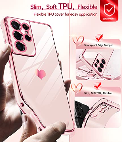 LeYi for S21 Ultra Case: with Full Camera Protection, Love Heart Plating Girly Women Cute Luxury Soft TPU Case for Samsung S21 Ultra, Pink