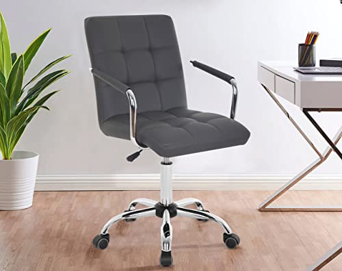 Mid-Back Desk Chair 360° Swivel Office Chair White, Study Chair with Armrest & Wheels, Modern Home Computer Chair, Soft Leather Conference Room Chair, Executive Home Office Chair (Grey, Standard)