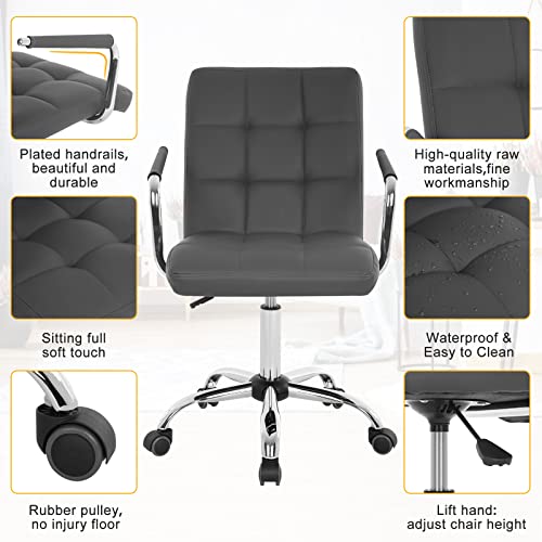 Mid-Back Desk Chair 360° Swivel Office Chair White, Study Chair with Armrest & Wheels, Modern Home Computer Chair, Soft Leather Conference Room Chair, Executive Home Office Chair (Grey, Standard)