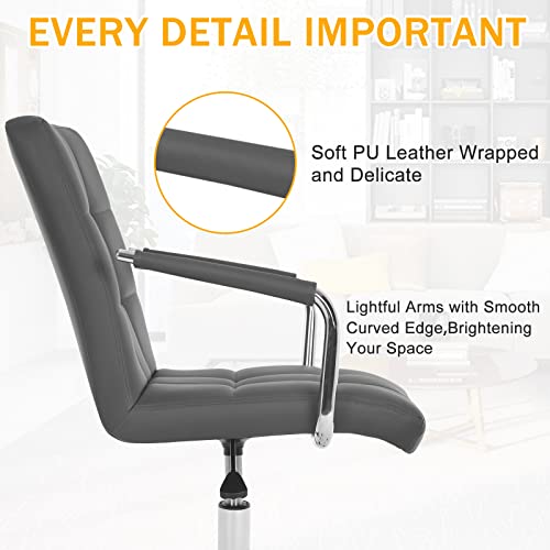 Mid-Back Desk Chair 360° Swivel Office Chair White, Study Chair with Armrest & Wheels, Modern Home Computer Chair, Soft Leather Conference Room Chair, Executive Home Office Chair (Grey, Standard)