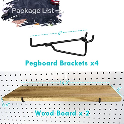 2 Pack Wooden Shallow Shelves, 16.5" x 6" Pegboard Shelf, 1/4 inch Peg Board Organizer Accessories, Display and Storage Shelving Rack for Garage Workbench Art Craft Room Office Hobby Space Workshop