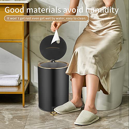Trash Can with Lid, 8L/2Gallon Bathroom Garbage Can with Foot Pedal, Stainless Steel Step Trash Bin for Bedroom, Toilet, Kitchen, Round Waste Basket with Soft Close Lid for Office, Metal Garbage Bin(Black)