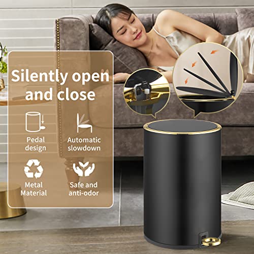 Trash Can with Lid, 8L/2Gallon Bathroom Garbage Can with Foot Pedal, Stainless Steel Step Trash Bin for Bedroom, Toilet, Kitchen, Round Waste Basket with Soft Close Lid for Office, Metal Garbage Bin(Black)