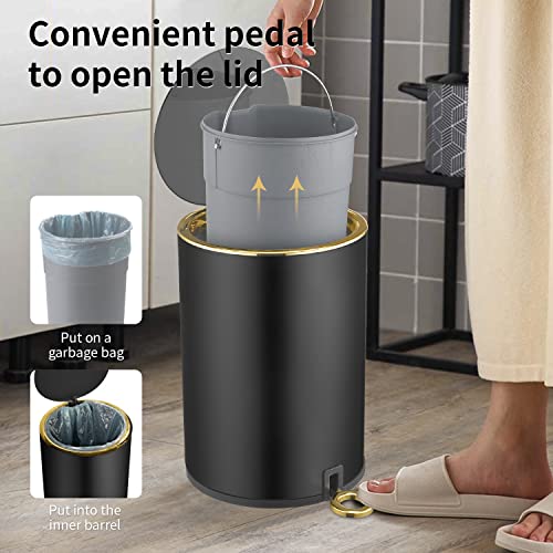 Trash Can with Lid, 8L/2Gallon Bathroom Garbage Can with Foot Pedal, Stainless Steel Step Trash Bin for Bedroom, Toilet, Kitchen, Round Waste Basket with Soft Close Lid for Office, Metal Garbage Bin(Black)