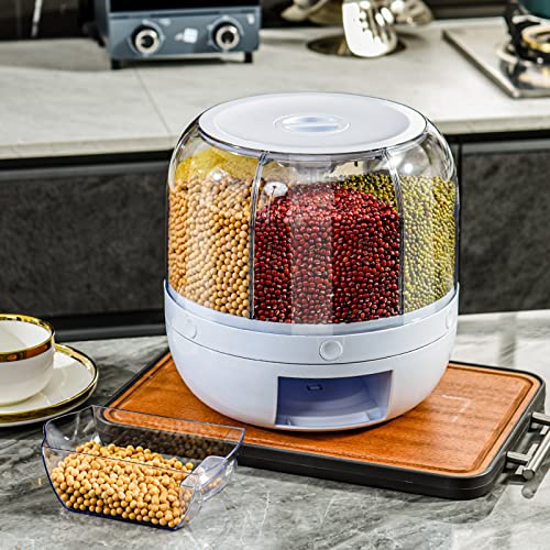 VIKKSAER Rotating Grain Dispenser, 6 Grid Rotating Food Dispenser With Button Moisture Resistant Household, Cereal Containers For All Beans, Barley, Millet (8.2Qt)