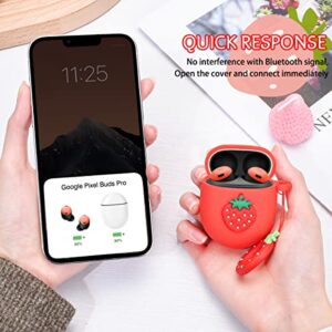 Newseego Compatible Google Pixel Buds Pro(2022) Case, Cute 3D Funny Protective Cover Soft Silicone Cartoon Anti-Lost Shockproof Case with Ring Keychain Design Support Wireless Charging-Red Strawberry