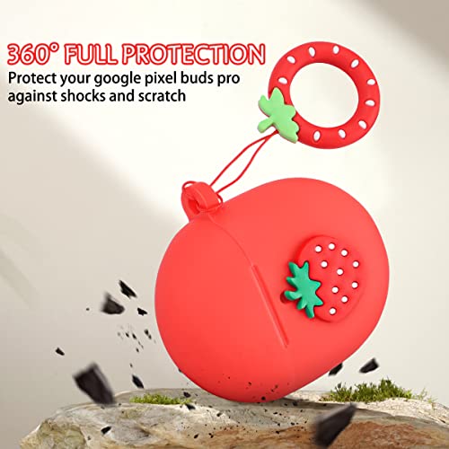 Newseego Compatible Google Pixel Buds Pro(2022) Case, Cute 3D Funny Protective Cover Soft Silicone Cartoon Anti-Lost Shockproof Case with Ring Keychain Design Support Wireless Charging-Red Strawberry