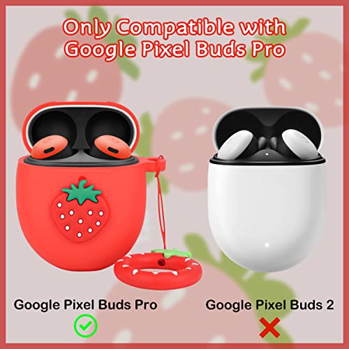 Newseego Compatible Google Pixel Buds Pro(2022) Case, Cute 3D Funny Protective Cover Soft Silicone Cartoon Anti-Lost Shockproof Case with Ring Keychain Design Support Wireless Charging-Red Strawberry