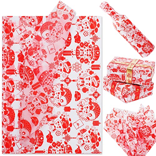 Kavoc 100 Sheets Red Rabbit Tissue Bulk, Cute Rabbit Fu Character Tissue for Chinese New Year Gift Wrapping, Traditional Art Paper Cutting for 2023 Spring Festival Decor, 20 x 14in