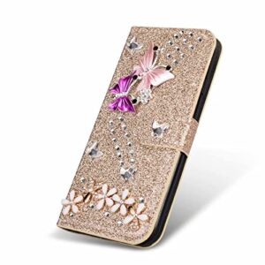 Losin Compatible with iPhone 14 Pro Max Wallet Case with Card Slots Luxury 3D Bling Glitter Diamond Rhinestones Butterfly Flowers Design for Women Girls Sparkle Shiny PU Leather Stand Kickstand Cover