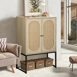 Lamerge Rattan Cabinet,2 Door Sideboard Buffet Cupboard Accent High Cabinet with Natural Rattan,Free Standing Bookmatch,Adjustable Shelves,Easy Assembly,Rustic Oak Beige (LRC-ob)