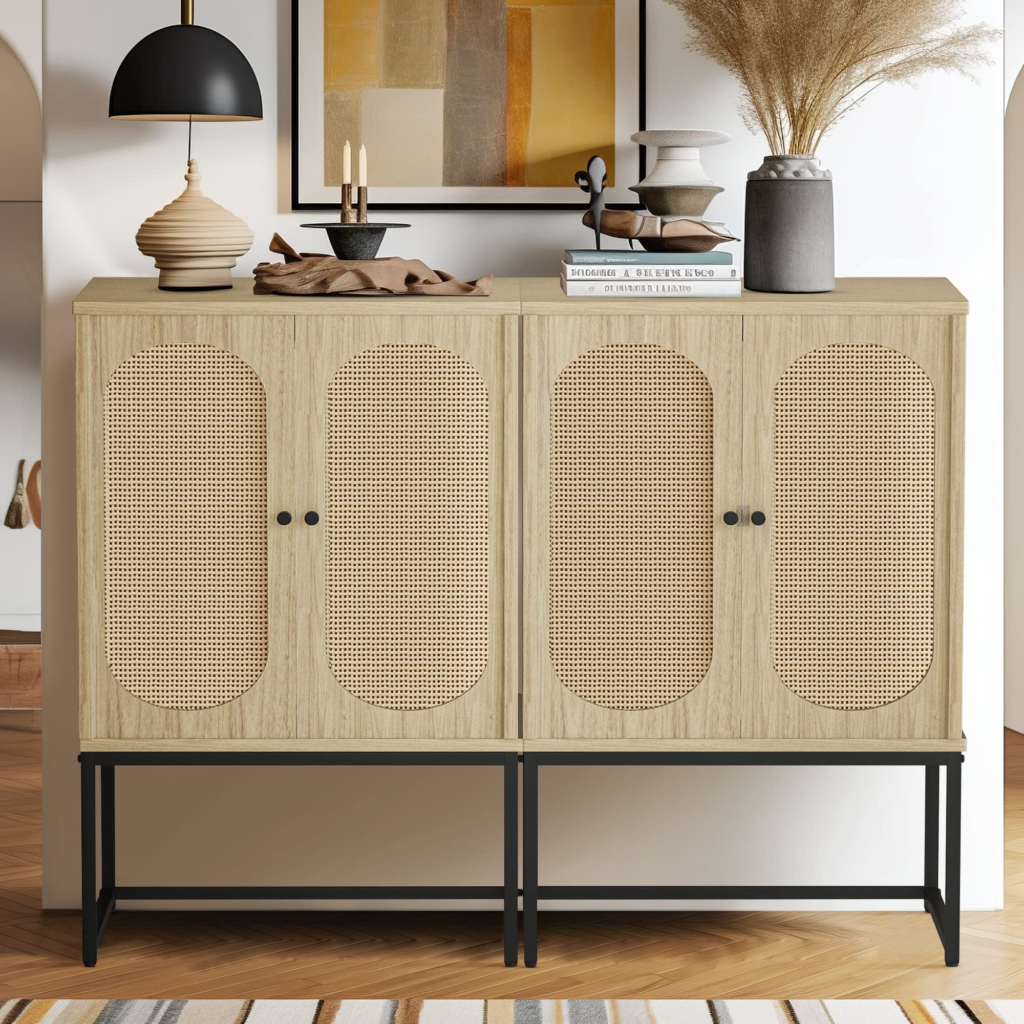 Lamerge Rattan Cabinet,2 Door Sideboard Buffet Cupboard Accent High Cabinet with Natural Rattan,Free Standing Bookmatch,Adjustable Shelves,Easy Assembly,Rustic Oak Beige (LRC-ob)