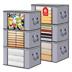 90l extra large storage bag ,6 pack clothes storage bins with lids，durable handle, transparent window, sturdy zippers , for closet organizers and storage, blanket, comforters, bed sheets, pillows and toys（gray）