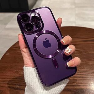 ziye magnetic case for iphone 14 pro max case [compatible with magsafe] camera lens protector plating luxury cover for women men clear soft tpu shockproof protective phone case - purple