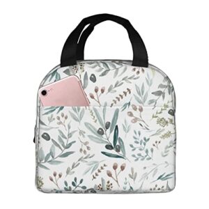spring sage green leaf eucalyptus floral watercolor reusable insulated lunch bag for women men waterproof tote lunch box thermal cooler lunch tote bag for work office travel picnic