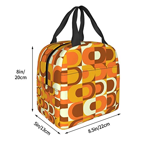 70s Pattern Retro Inustrial In Orange And Brown Tones Reusable Insulated Lunch Bag For Women Men Waterproof Tote Lunch Box Thermal Cooler Lunch Tote Bag For Work Office Travel Picnic