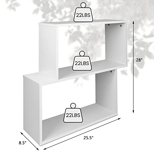 Giantex 3-Tier Geometric Bookshelf White, 28’’ Tall Wood S-Shaped Display Shelves, Freestanding Open Shelves Nightstand, Floor Standing Display Shelf Bookcase for Living Room, Bedroom